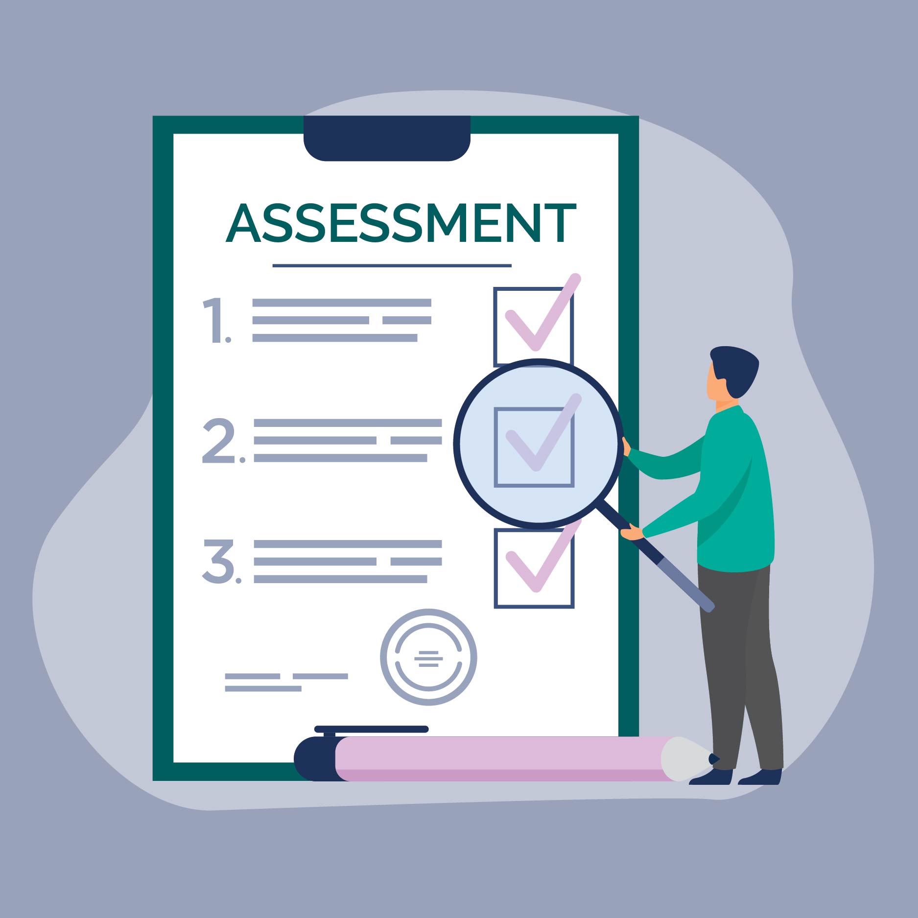 A graphic of a large checklist labelled 'Assessment'. A person holds a magnifying glass over one of the checkboxes.