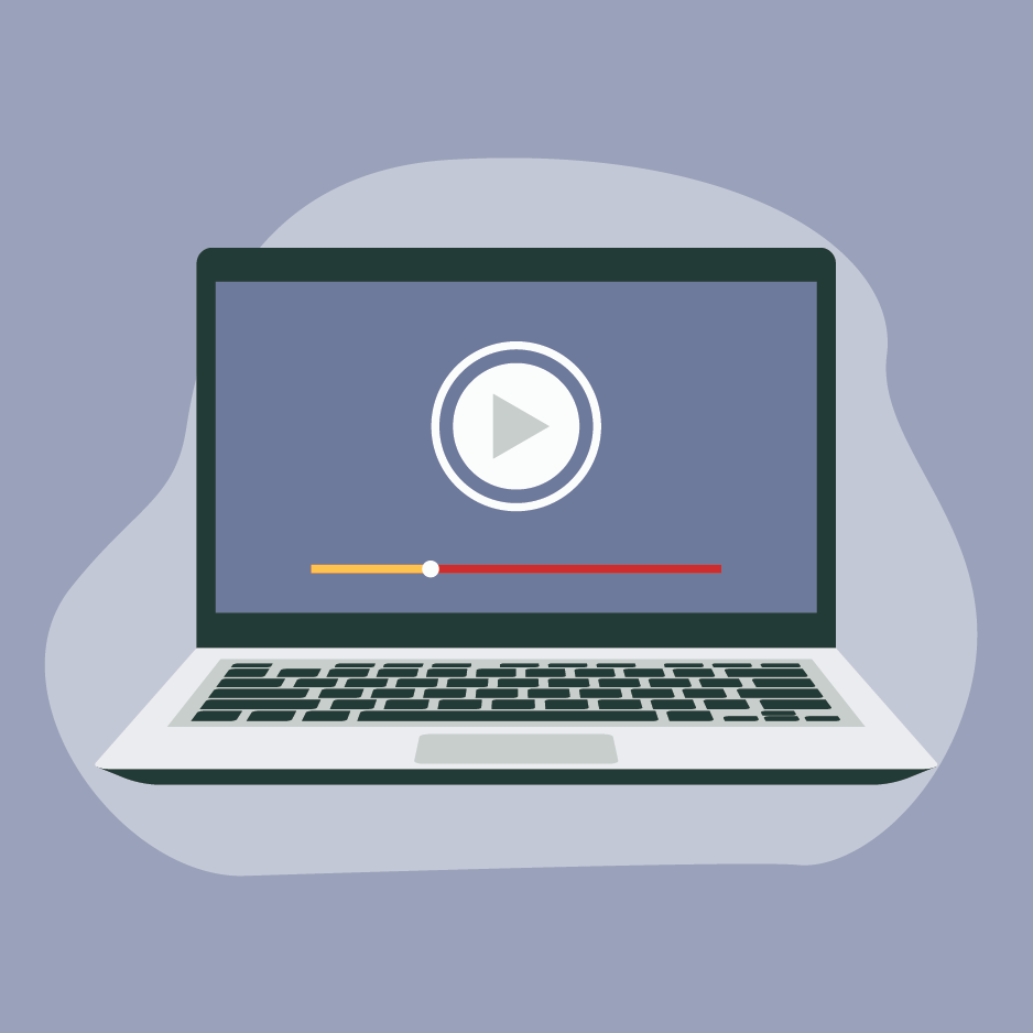 A graphic of a laptop displaying the 'start' button for a video or audio file