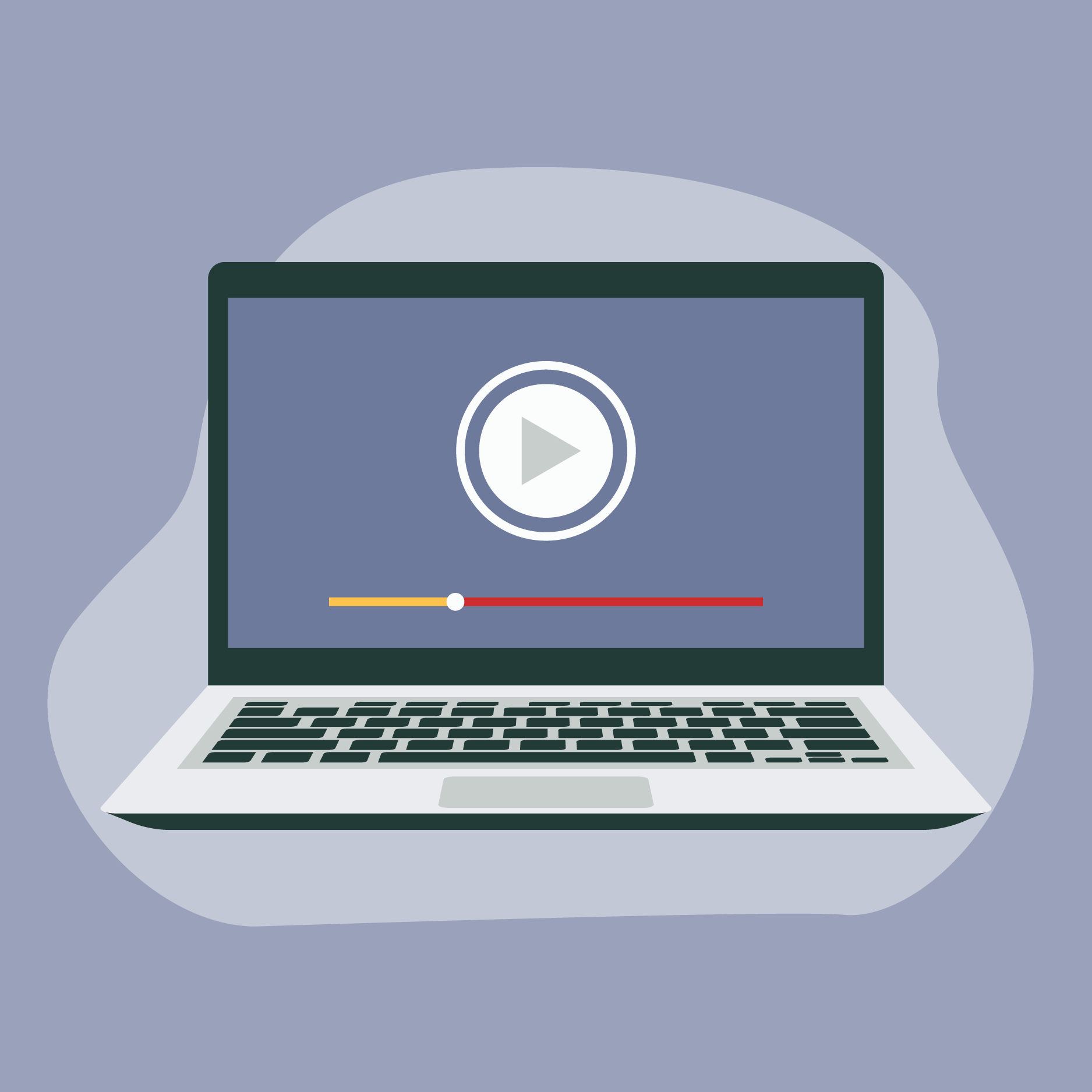 A graphic of a laptop displaying the 'start' button for ta video or audio file.